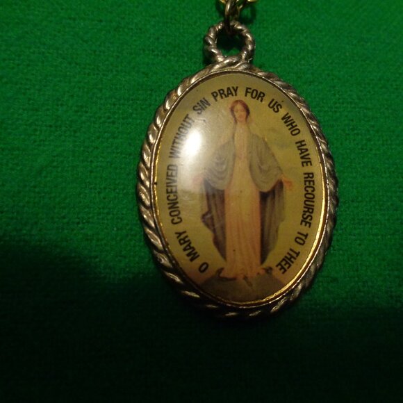 MOTHER MARY VINTAGE NECKLACE W WRITING TINY CROSS & OPAL PENDANT LOT - Picture 1 of 8